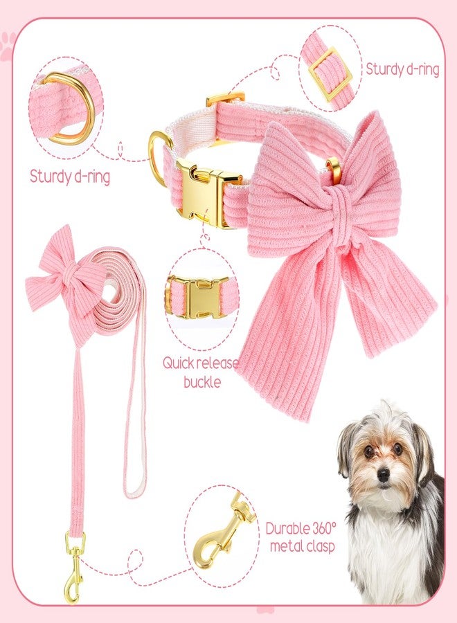 WJIAAA Dog Collar and Leash Set with Bowtie, Pink Cute Girl Dog Collars Bow Metal Buckle Adjustable Corduroy Dogs Collar 10‘’-16‘’for Small Medium Puppy Dogs with 5 FT Leash Pink S - Image 3